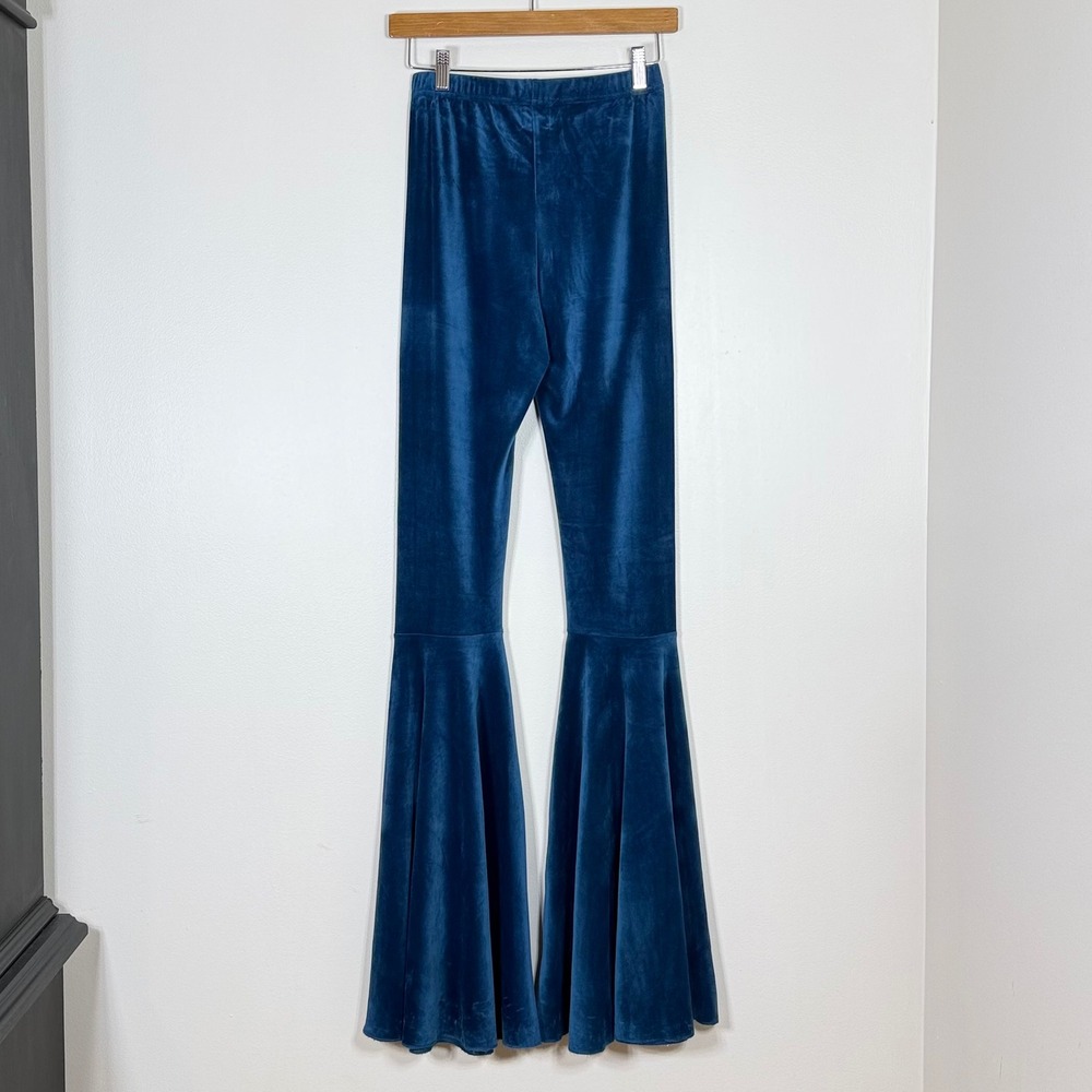 Womens Velour Bell Bottom Pants S Teal Blue Flare Tall Retro Statement 70s Boho - Picture 4 of 11